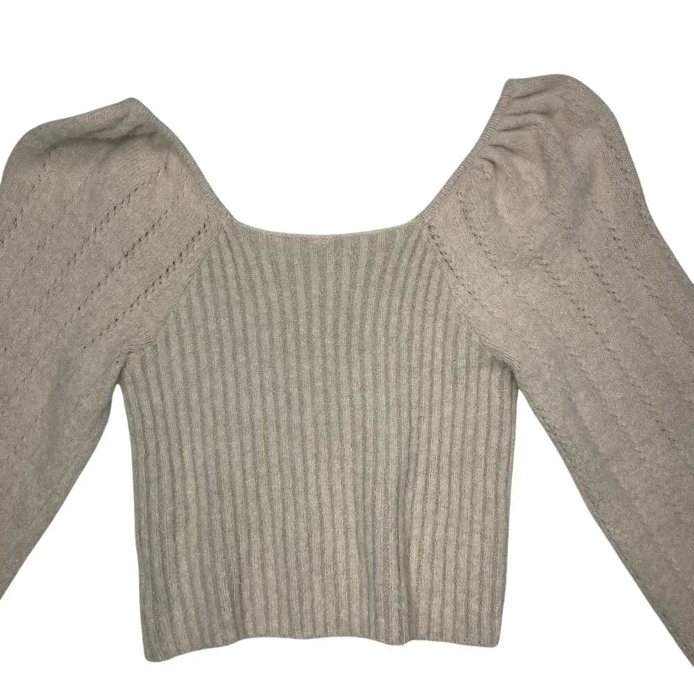 Free People Katie Sand Brushed Knit square neck puff sleeve Pullover Women’s XL